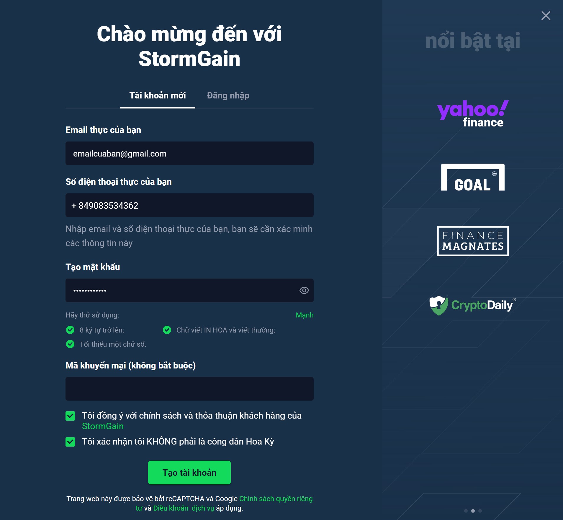 Giao diện đăng ký sàn StormGain