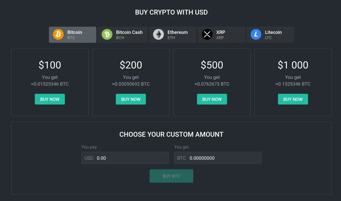 Giao diện mua Crypto bằng thẻ tín dụng