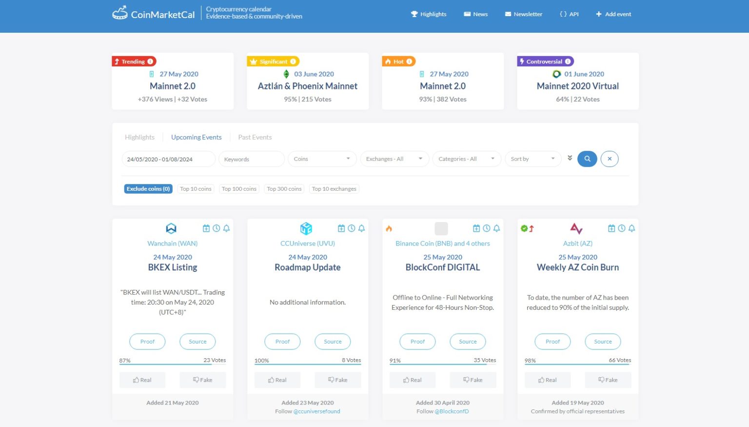 Giao diện của Coinmarketcal