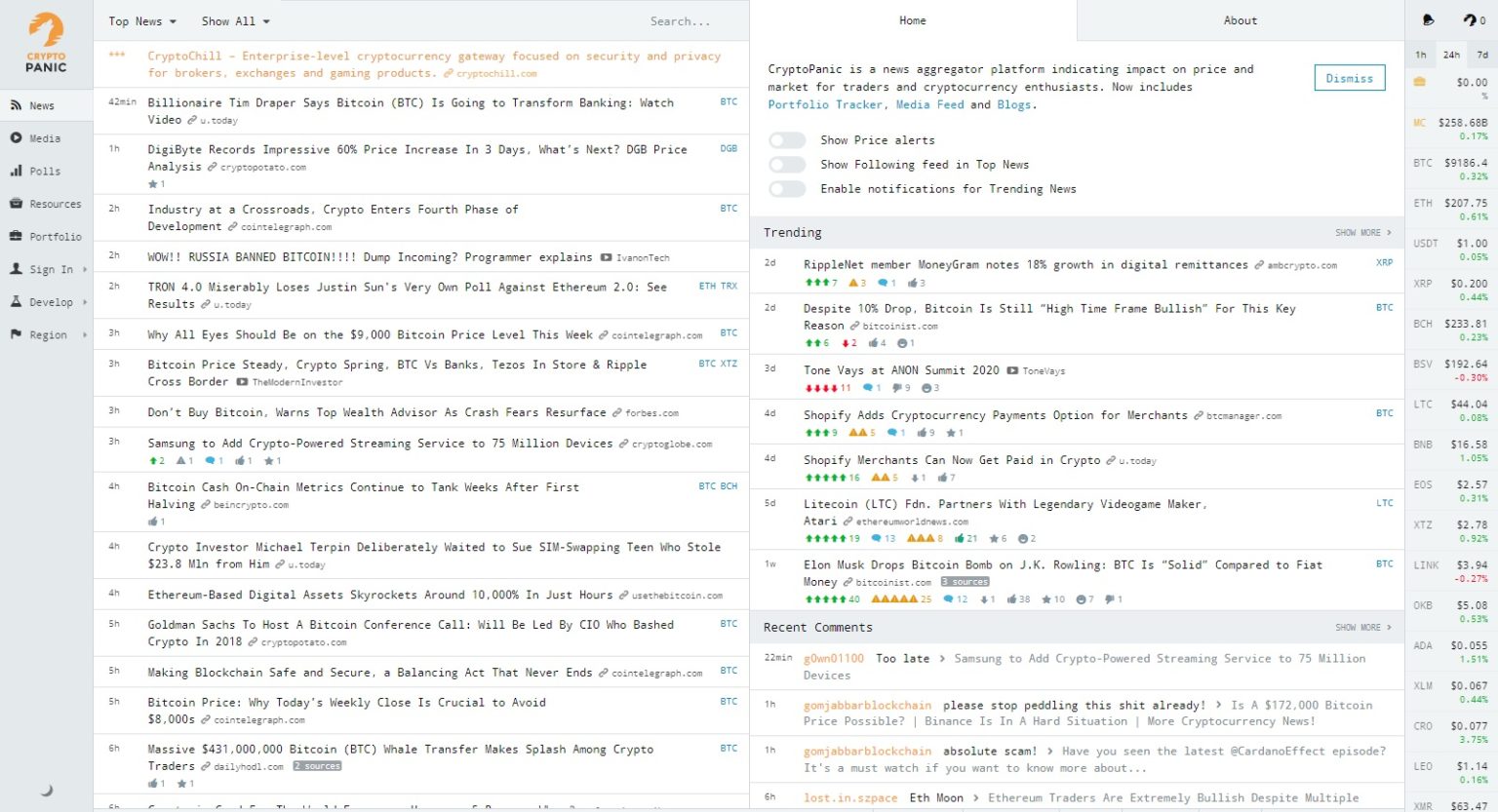 Giao diện của Cryptopanic