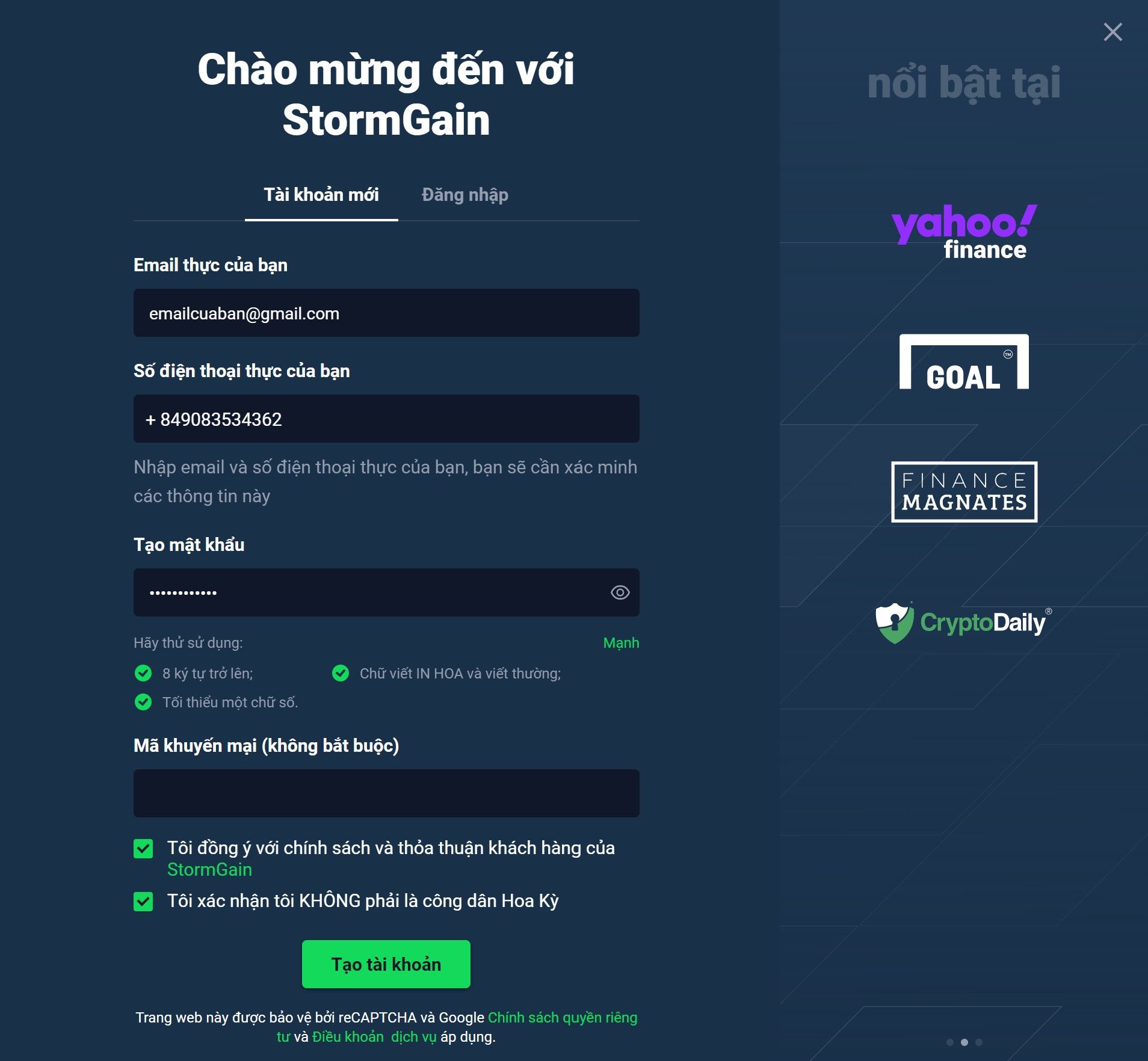 Giao diện đăng ký sàn StormGain