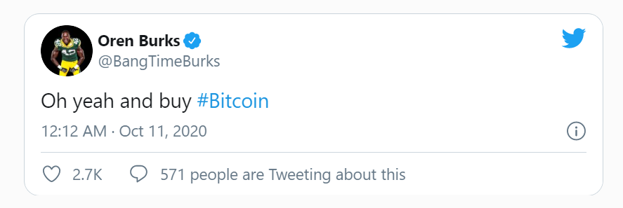 Cầu thủ NFLOren Burks kêu gọi mọi người mua Bitcoin khi giá thẳng tiến đến 12.000 USD
