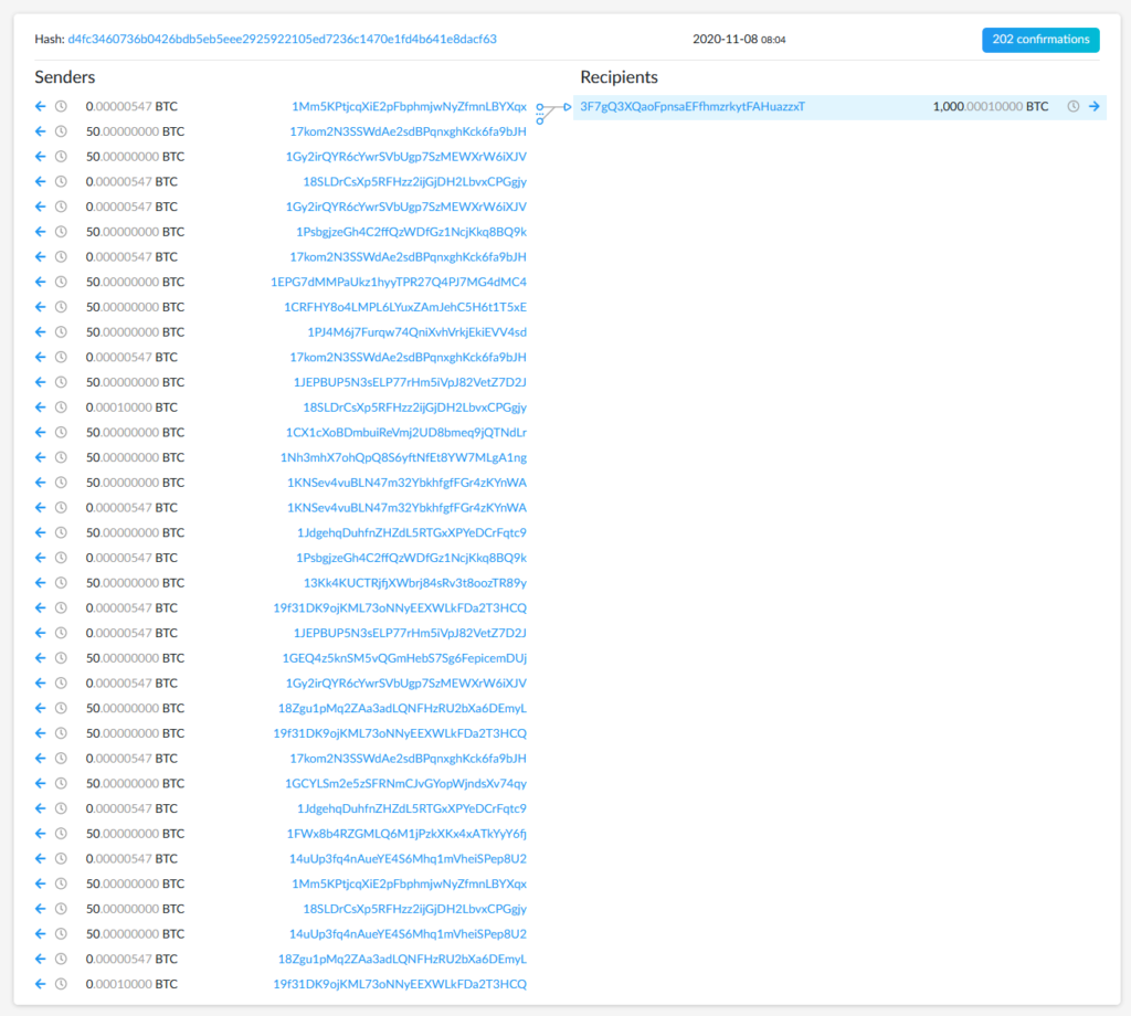 1.000 BTC được gửi từ nhiều địa chỉ ví bech32 SegWit gốc.
