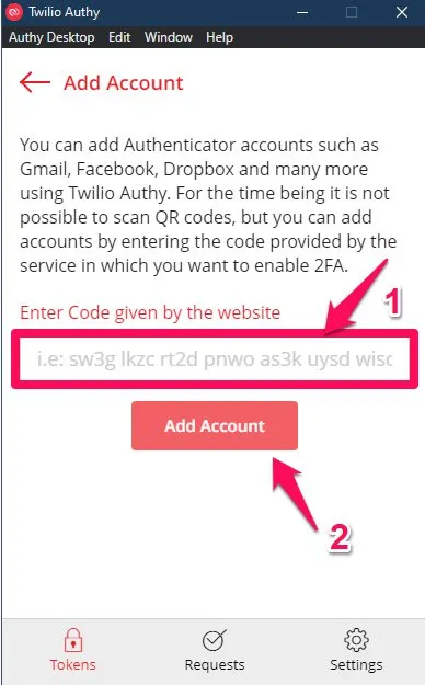 (1) Paste mã đã copy ở bước 2. (2) Nhấp "Add Account"