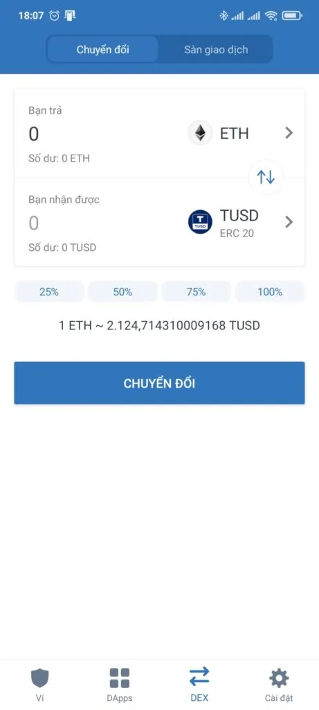Giao diện DEX trên Trust Wallet.