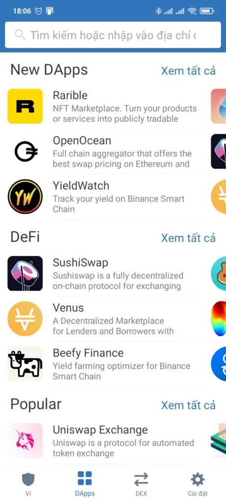 Giao diện duyệt dApp trên Trust Wallet.