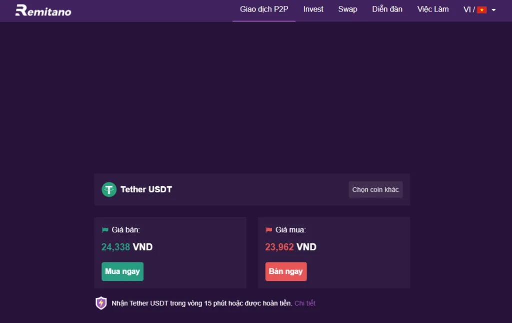 Giá USDT trên Remitano đạt 24,333 vnd