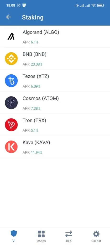 Giao diện Staking trên Trust Wallet.