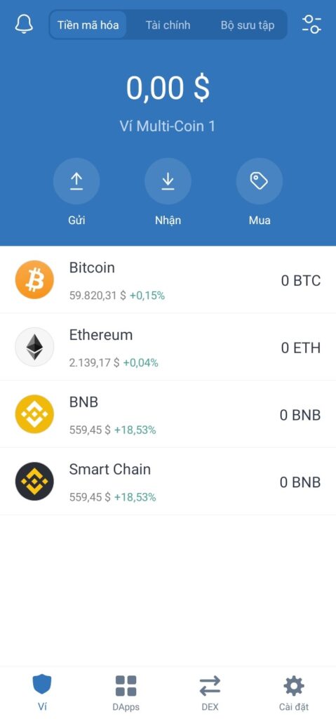 Giao diện chính của Trust Wallet.