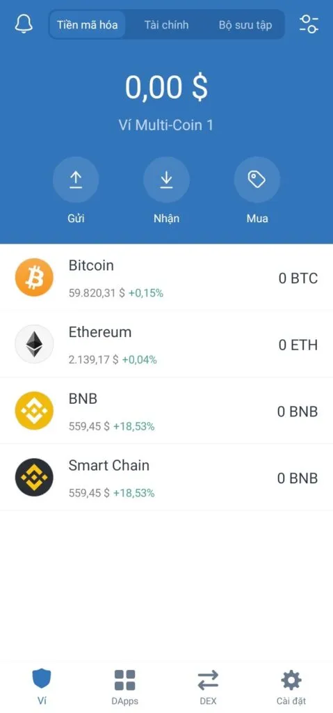 Giao diện chính của Trust Wallet.