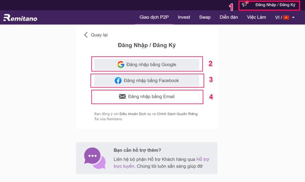 Giao diện đăng nhập/đăng ký Remitano.