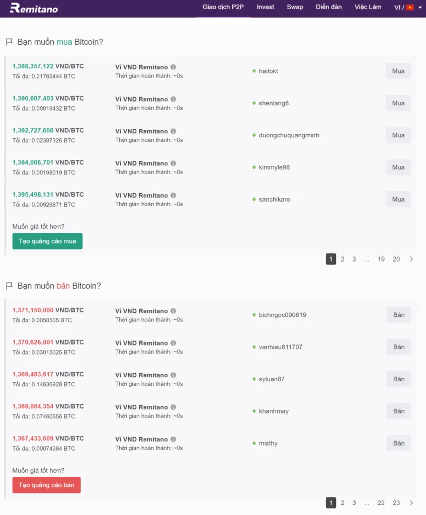 "order book" trên Remitano.