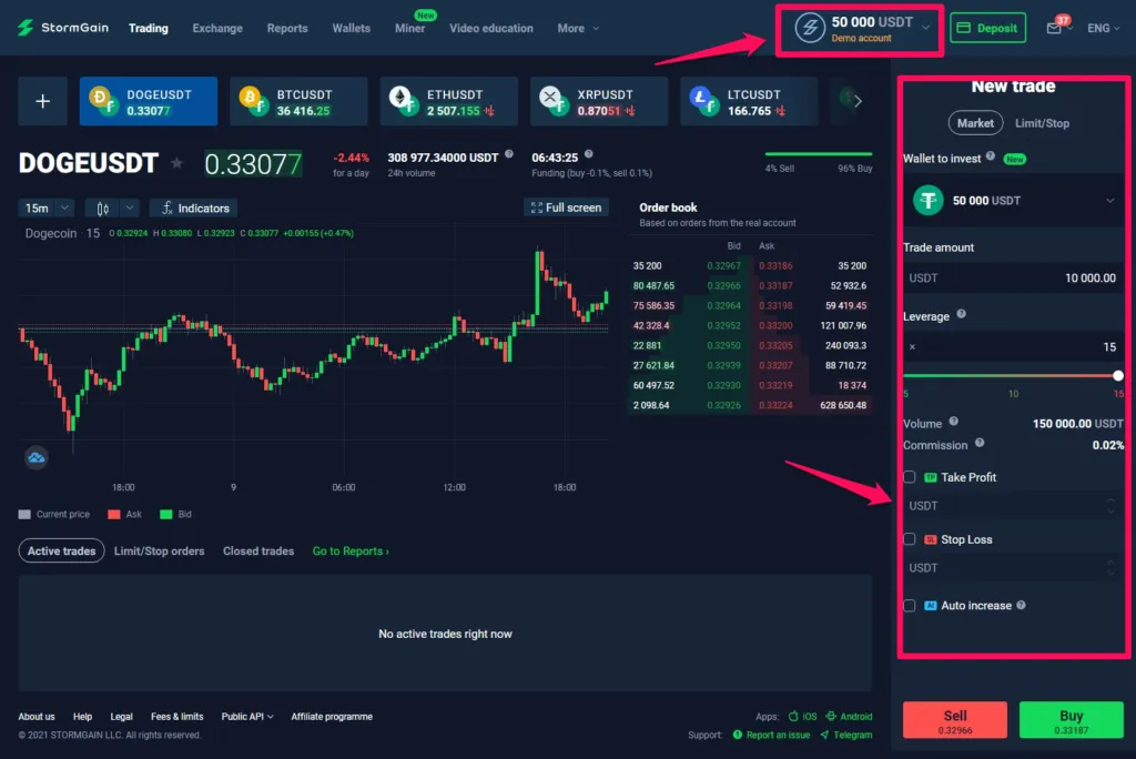 Giao diện Trade demo trên StormGain.
