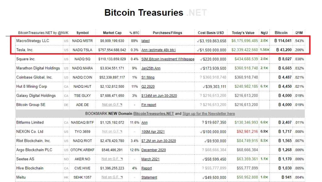 Lượng BTC sở hữu bởi các công ty trên thế giới. Nguồn: Bitcoin Treasuries.