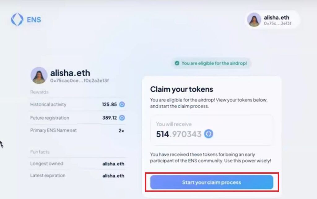 Claim token ENS khi đạt yêu cầu.