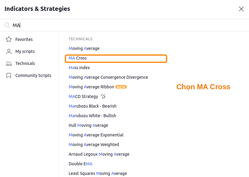 Tìm và chọn Indicator tên là MA Cross trên TradingView.