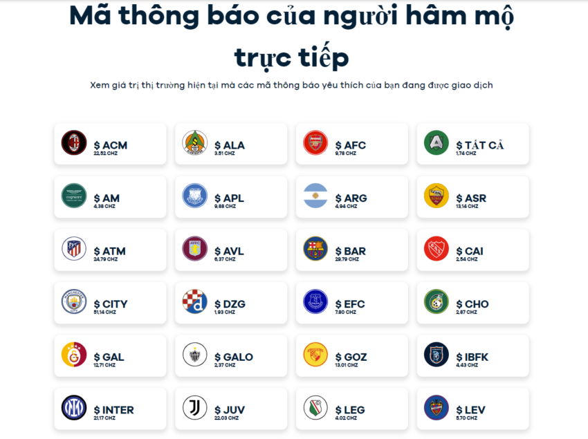 Một số Fan token từ nền tảng Socios.com. Nguồn: Socios.com