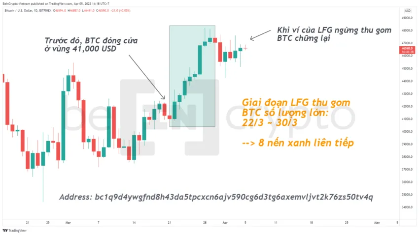 So sánh giá Bitcoin và hoạt động thu mua BTC của LFG. Nguồn: Vn.Beincrypto.com