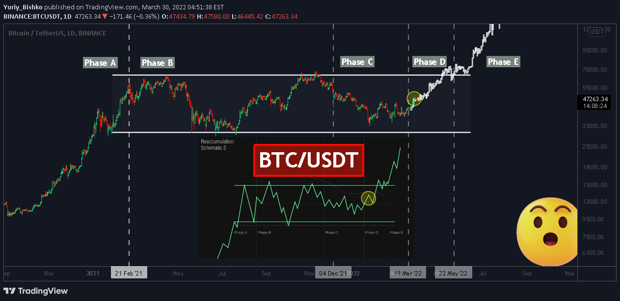 Bitcoin chỉ đang tái tích lũy theo sơ đồ Wyckoff Reaccumulation. Nguồn: Tradingview/Yuriy_Bishko