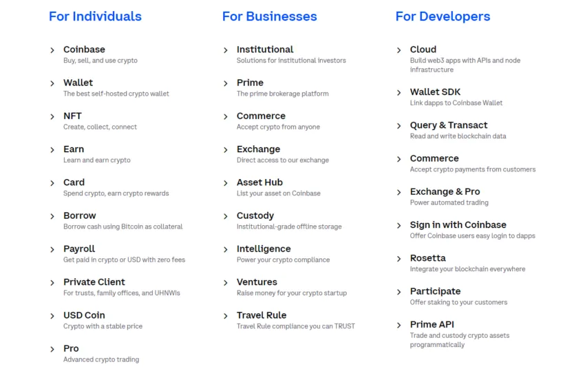 Một số sản phẩm trong hệ sinh thái của Coinbase