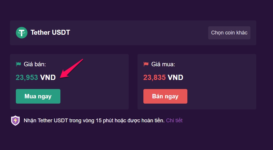 Giá USDT/VND trên Remitano.