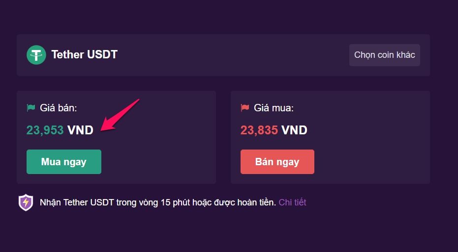 Giá USDT/VND trên Remitano.