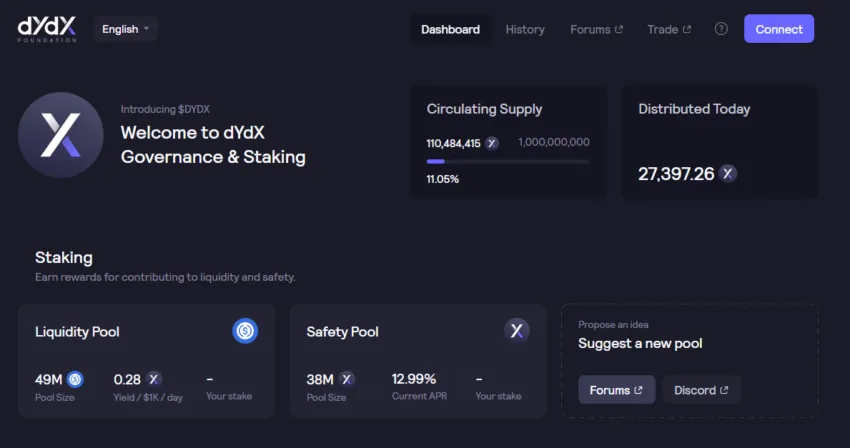 Giao diện quản trị và staking trên dYdX