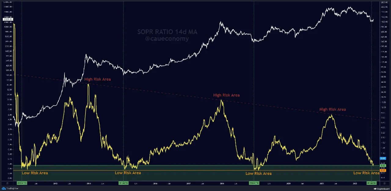 Giá Bitcoin và Spent Output Profit Ratio. Nguồn: caueconomy/cryptoquant.