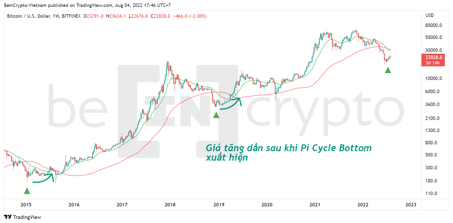 Quan sát giá Bitcoin với chỉ báo Pi Cycle Bottom. Nguồn: vn.beincrypto.com