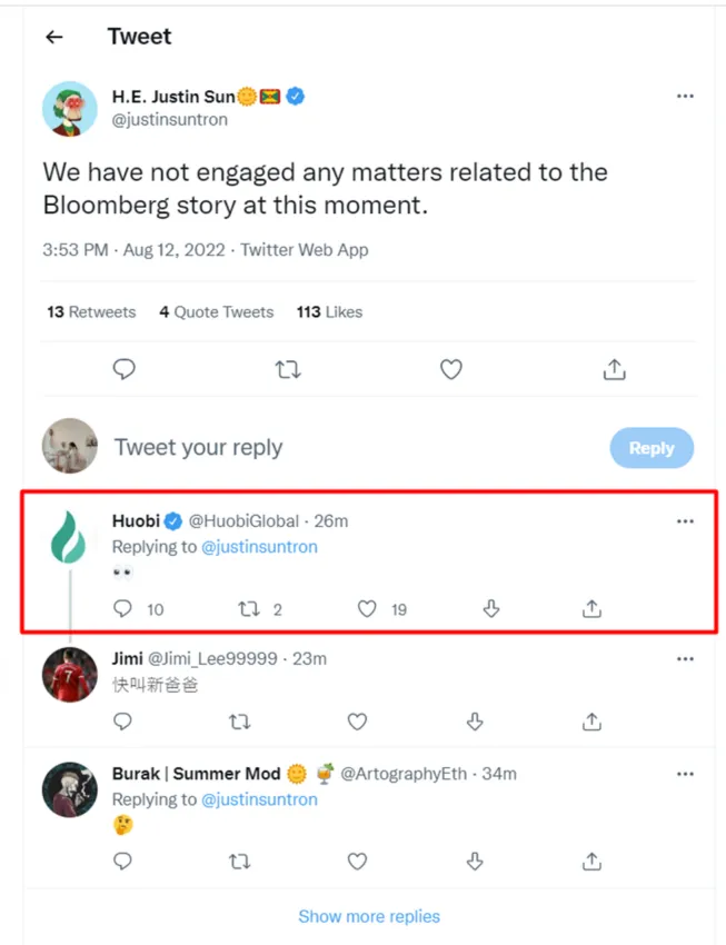 Đoạn tweet của Justin Sun