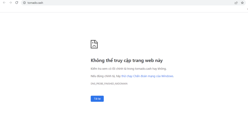 Trang web Tornado Cash không thể truy cập được