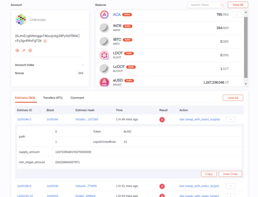 địa chỉ ví được nghi ngờ của hacker đã thực hiện nhiều giao dịch chuyển AUSD lên sàn DEX nhưng đều thất bại