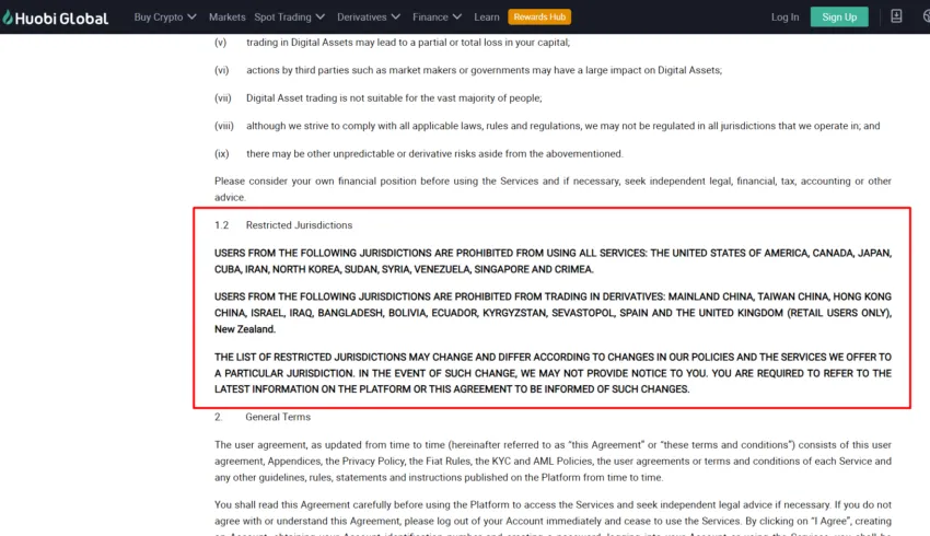 Huobi Global cập nhật danh sách “Các khu vực tài phán hạn chế”