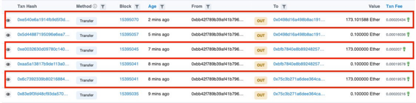 Lịch sử giao dịch ghi lại ba lần chuyển tiền từ SudoRare. Nguồn: etherscan