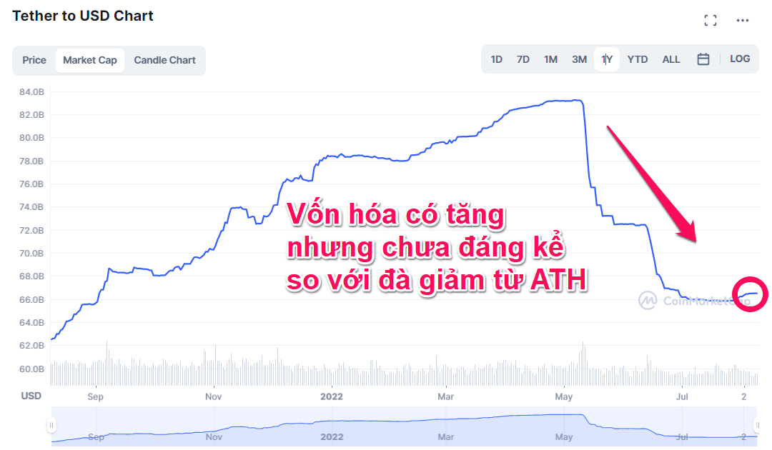 Biến động vốn hóa Tether năm 2022. Nguồn: CoinmarketCap.