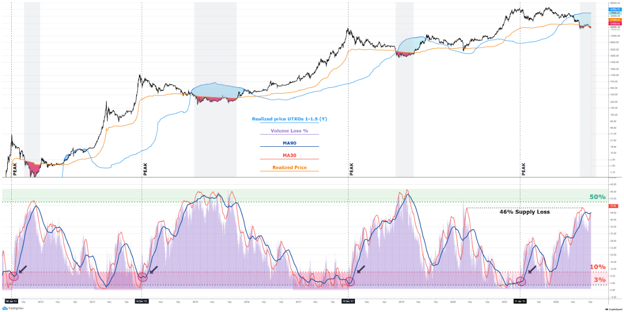 Biến động giá Bitcoin và tỷ lệ nguồn cung chịu lỗ. Nguồn: CryptoQuant.