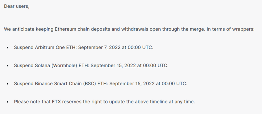 Lịch trình ngừng giao dịch ETH trên các chuỗi Blockchain trong thời gian The Merge. Nguồn: FTX