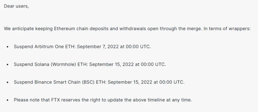 Lịch trình ngừng giao dịch ETH trên các chuỗi Blockchain trong thời gian The Merge. Nguồn: FTX
