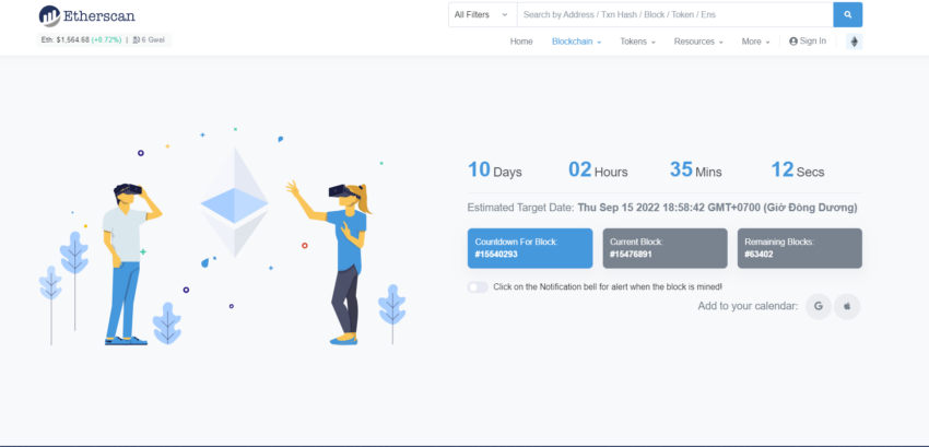 Bộ đếm ngược thời gian Ethereum The Merge. Nguồn: etherscan