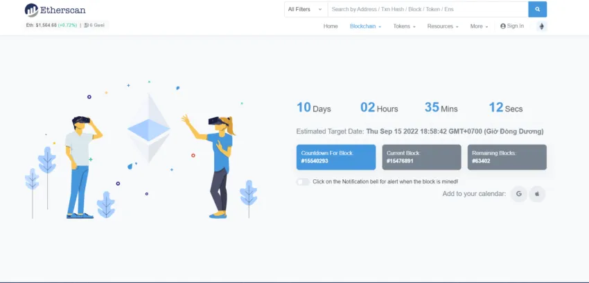 Bộ đếm ngược thời gian Ethereum The Merge. Nguồn: etherscan