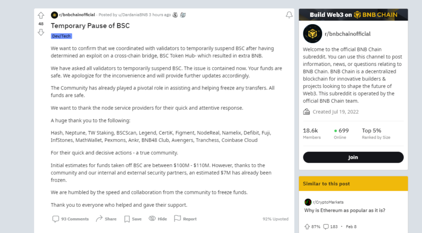 Thông báo từ BNB Chain sau vụ hack