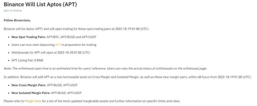 Binance thông báo niêm yết APT coin