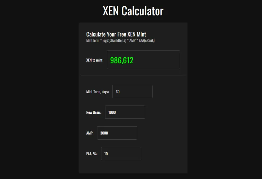Người dùng có thể tự tính toán việc mint XEN token