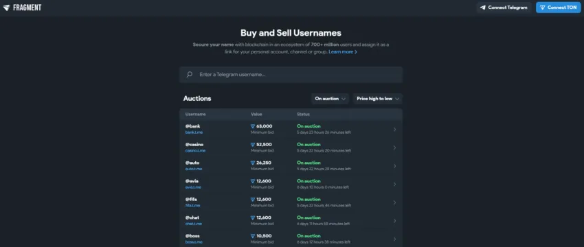Telegram cho phép người dùng mua Telegram username bằng Toncoin