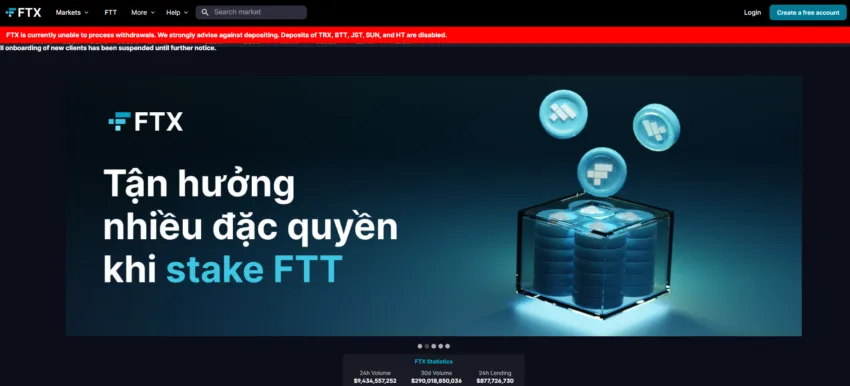 Thông báo tạm ngưng rút tiền tại sàn FTX