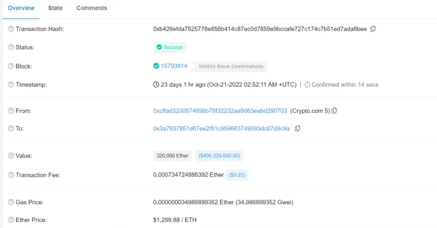 Crypto.com chuyển 320,000 ETH sang Gate.io