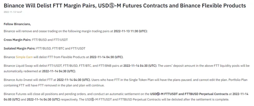 Binance delist các cặp giao dịch FTT