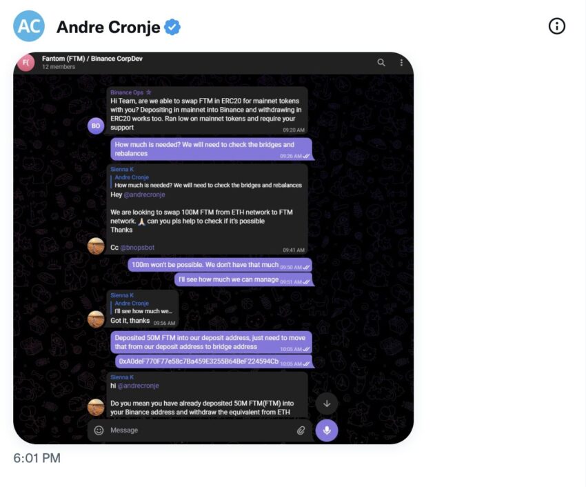 Phản hồi của Andre Cronje về động thái chuyển 50 triệu FTM token