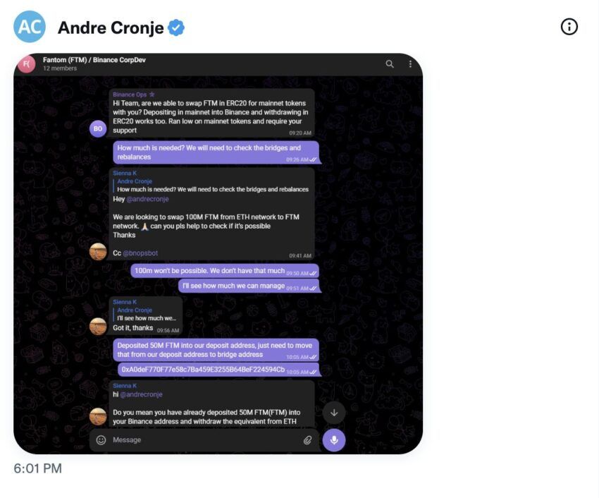 Phản hồi của Andre Cronje về động thái chuyển 50 triệu FTM token