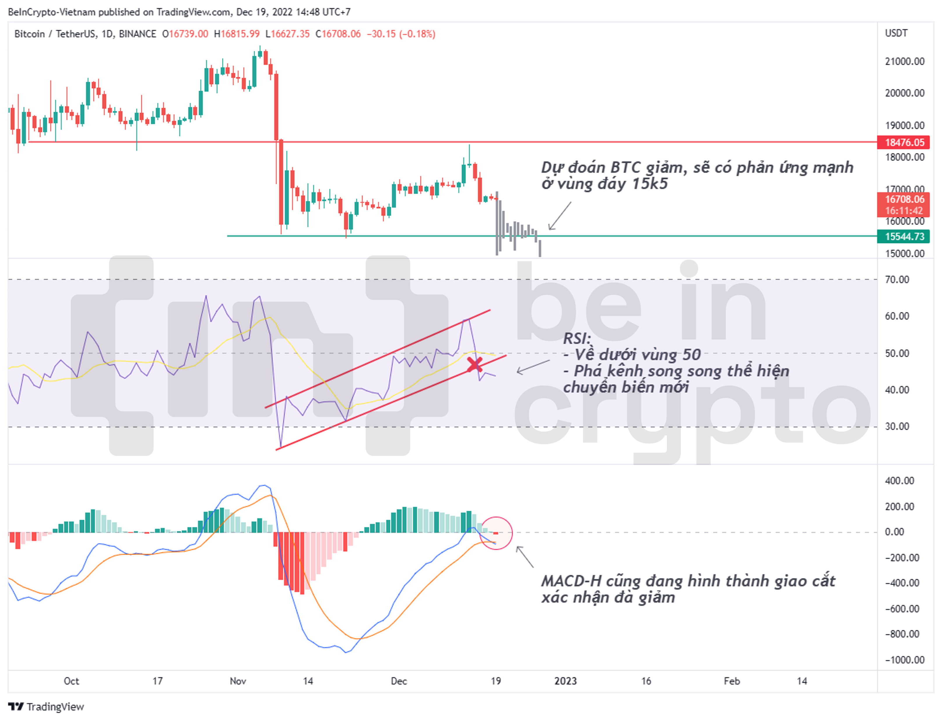 Phân tích Bitcoin với RSI và MACD.